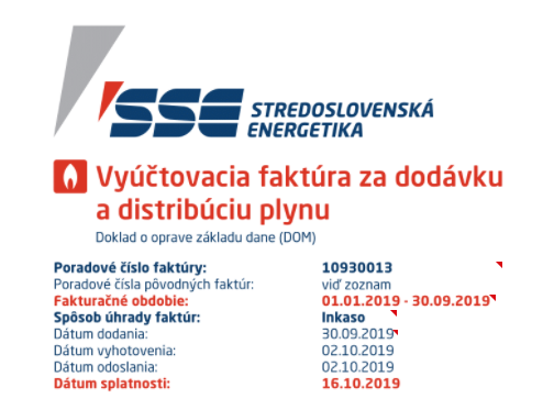 Vzor vyúčtovacej faktúry za plyn