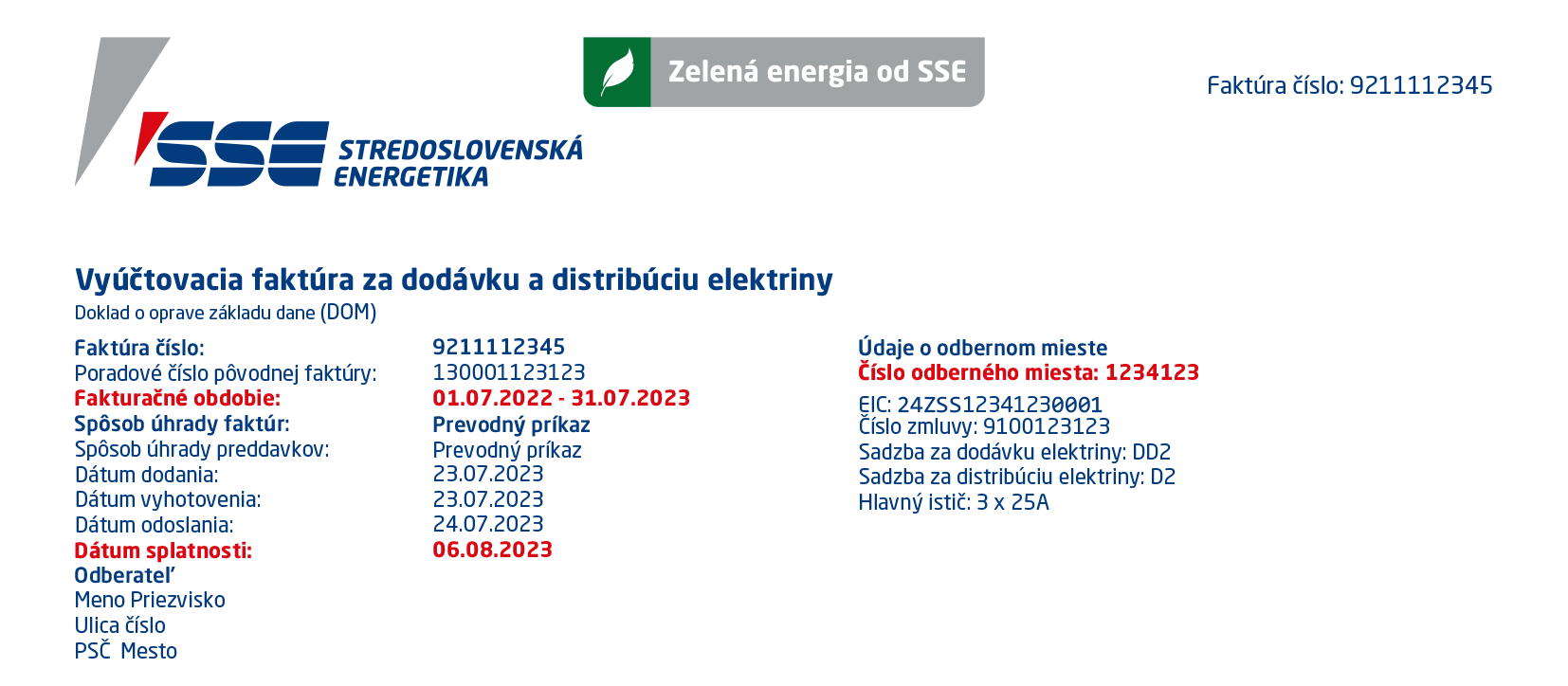 Vzor vyúčtovacej faktúry za elektrinu