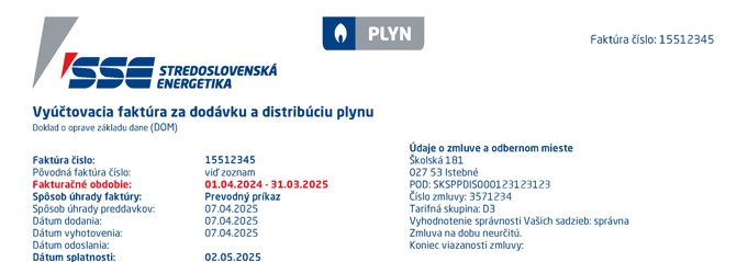 Vzor vyúčtovacej faktúry za plyn