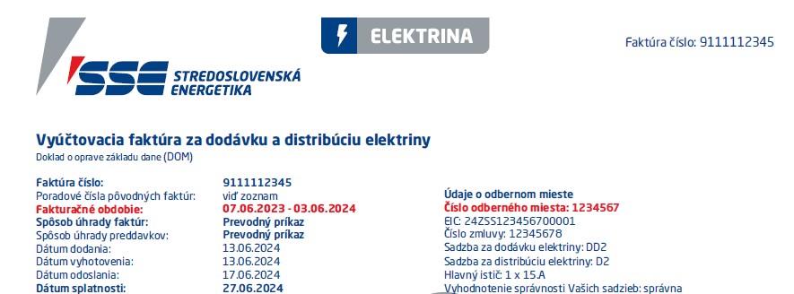 Vzor vyúčtovacej faktúry za elektrinu